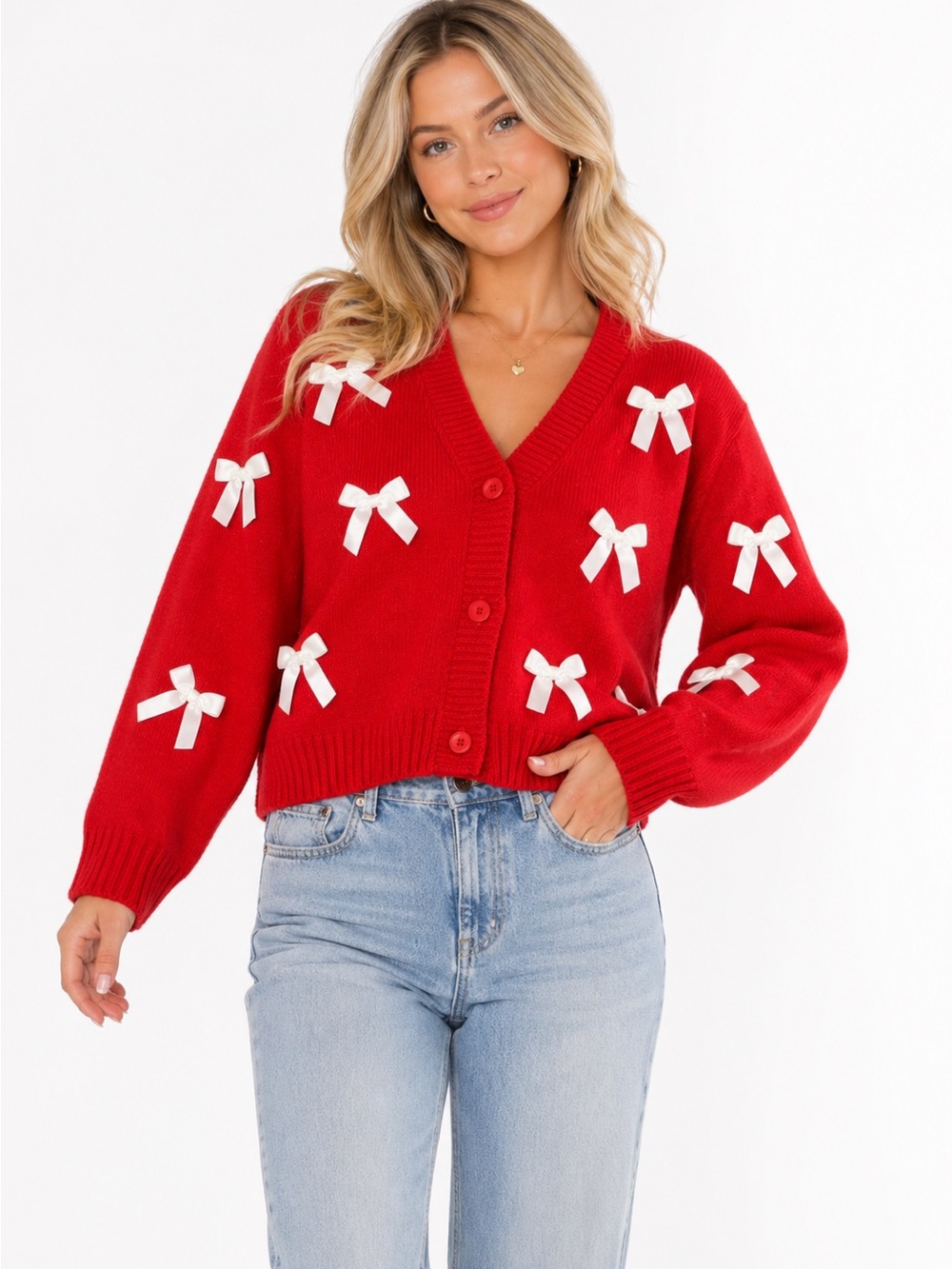 Luna‎ Ivy Size Medium Red Sweater Cardigan with White Bows